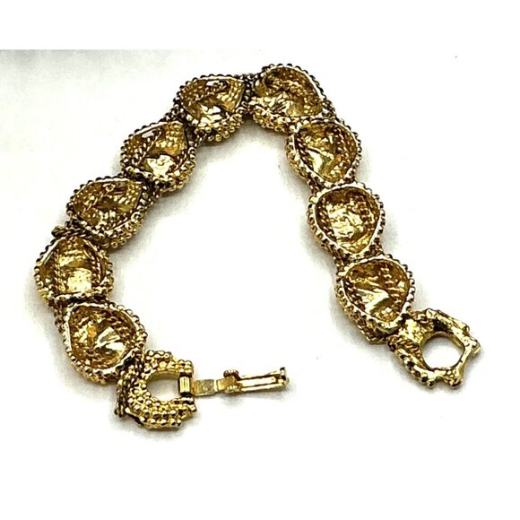 Gold Tone Textured Heart Link Bracelet With Clear Rhinestones and Fold-Over Clas - Picture 5 of 8